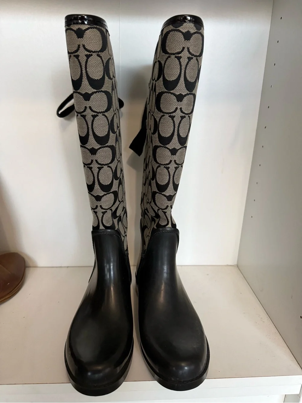 Coach Tristee Signature Tall Rain Boots – Black/Gray Monogram – Waterproof